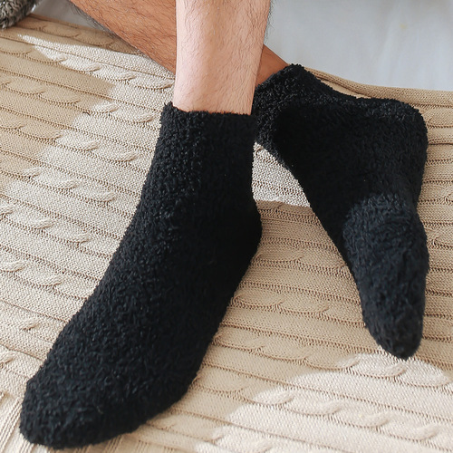 Autumn/Winter New Half-Fleece Coral Fleece Thick Warm Mid-Calf Men's Socks Solid Color Floor Socks Towel Socks Wholesale