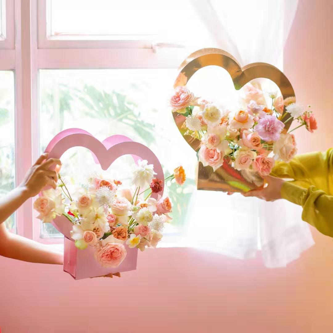 Bolsa de mano con diseño de flores, caja de flores en forma de corazón para el Día de San Valentín, caja de regalo para flores, caja de embalaje para arreglos florales, cesta de flores de papel