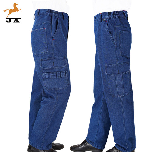Thick denim work pants for men with multiple pockets, electric welding worker pure cotton wear-resistant work pants, workshop loose protective pants