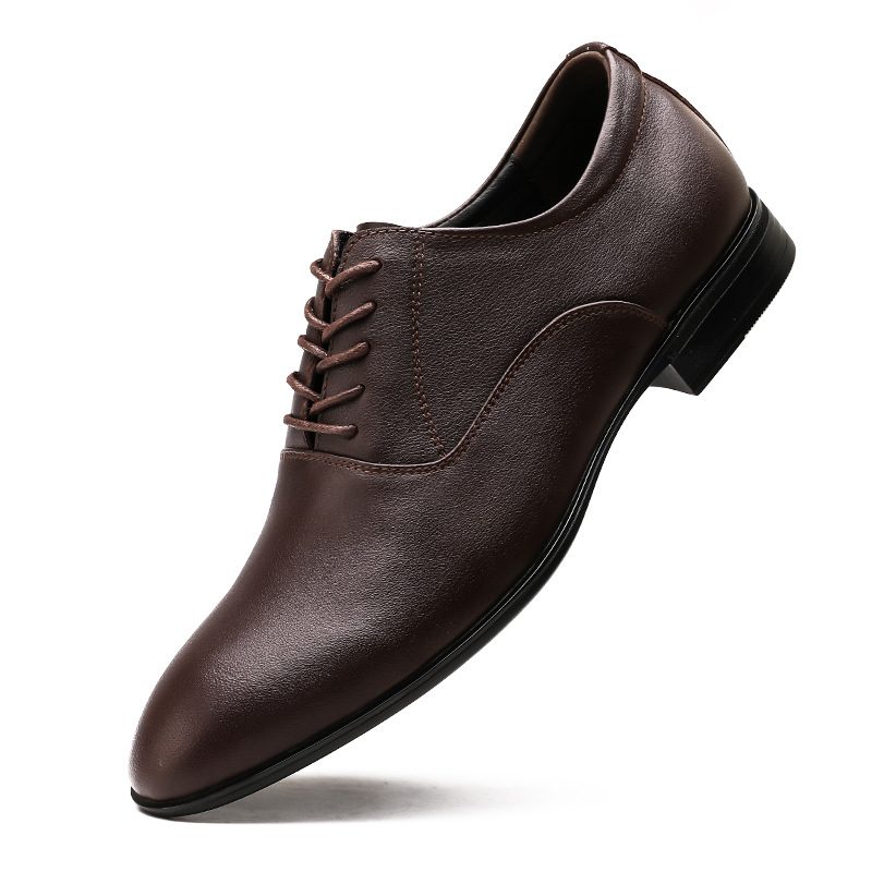 Men's Shoes Large Size Solid Color Elegant Men's Pointed Formal Wear Small White Leather Shoes Lace-up Single Shoes_vogvips.com