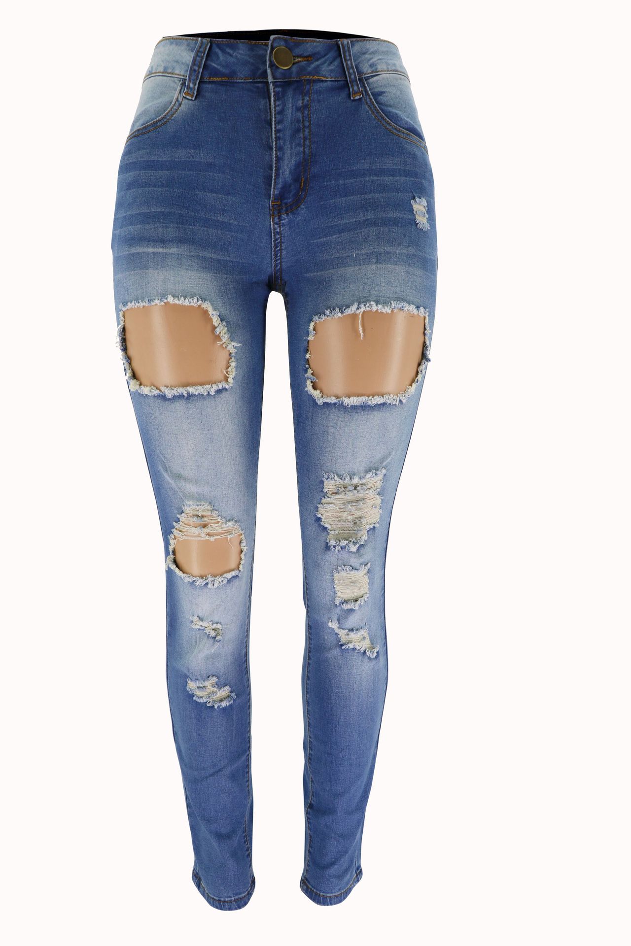 Vaqueros negros rasgados estilo europeo y americano para mujer, pantalones ajustados elásticos de cintura media que hacen que las piernas parezcan más delgadas, en stock para dropshipping.