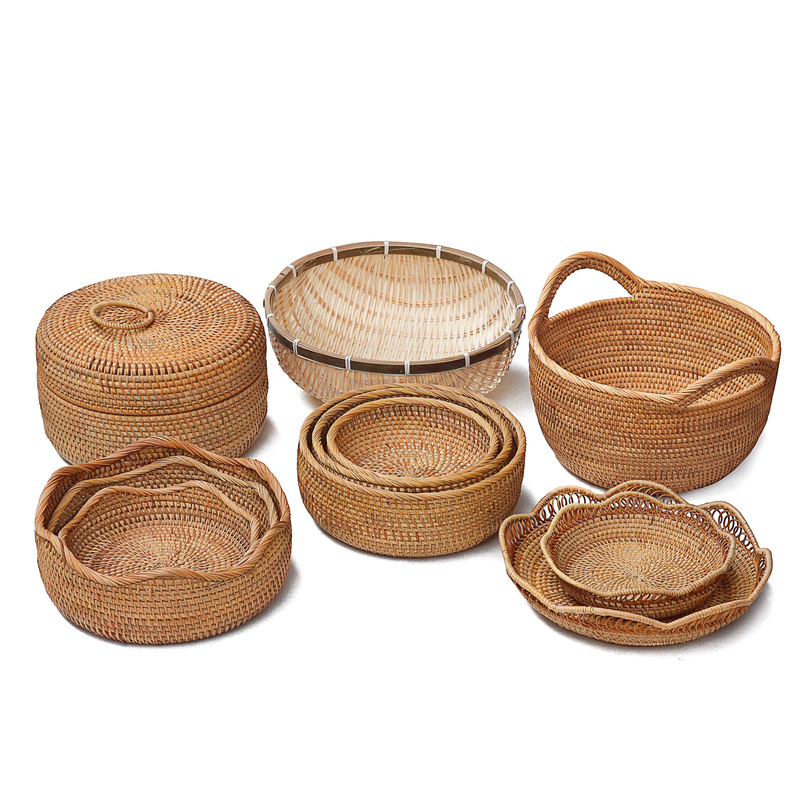 Bamboo Rattan woven fruit basket creative household multi-functional suit fruit plate snack candy basket storage basket multi-style
