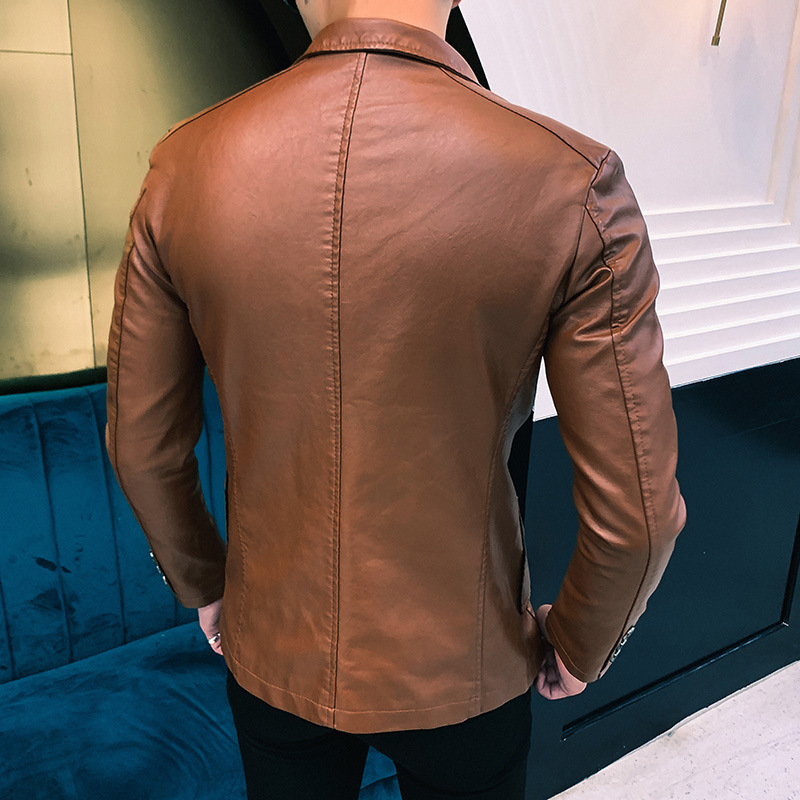 2024 otoño ropa de cuero de PU para hombres, chaqueta de cuero con cuello de traje delgado para jóvenes, chaqueta de cuero informal de negocios para hombres, chaqueta de cuero para hombres