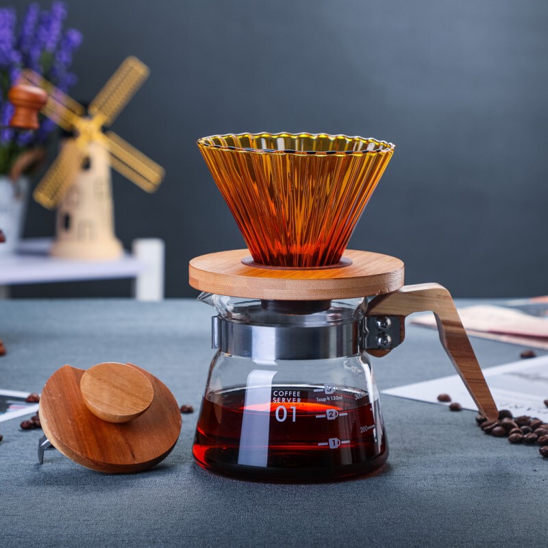 Hejian Hand Blown Thickened Glass Coffee Pot Set Acacia Wood Handle Sharing Pot Coffee Cup Filter Cup