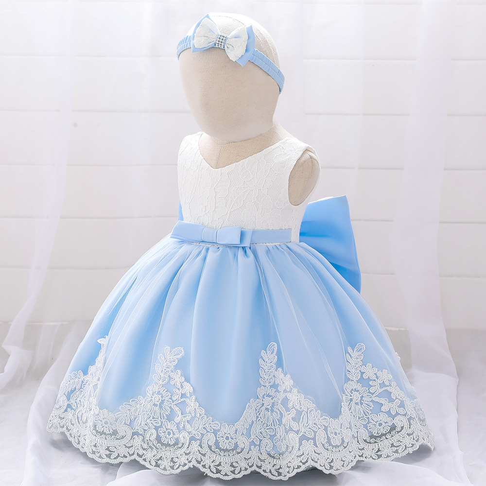 Amazon nueva princesa infantil vestido de los niños arco femenino costura lavado vestido 1-3Y vestido de encaje