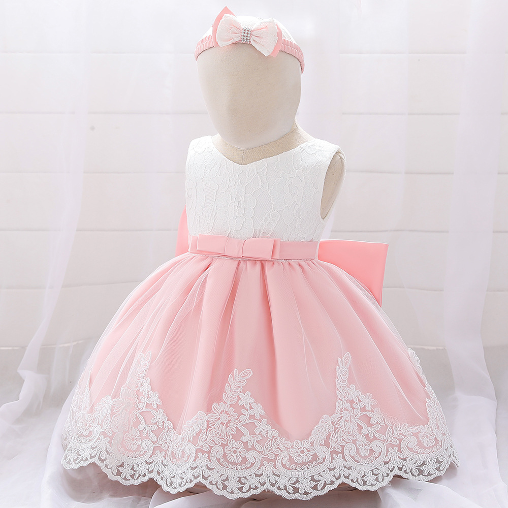 Amazon nueva princesa infantil vestido de los niños arco femenino costura lavado vestido 1-3Y vestido de encaje