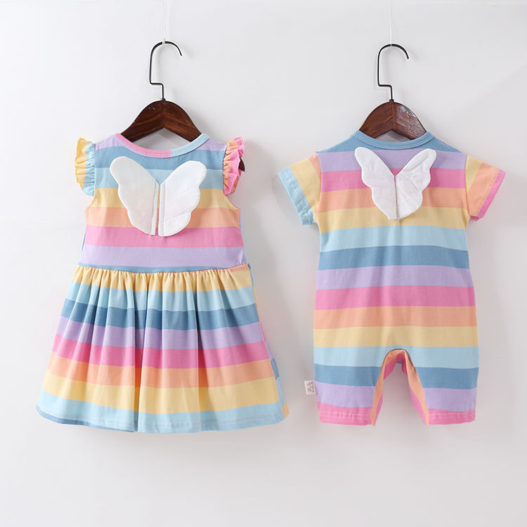 Girls' Clothing 2019 Summer Rainbow Striped Tank Dress with Flutter Sleeves and Winged Skirt, Trendy Pleated Korean Style