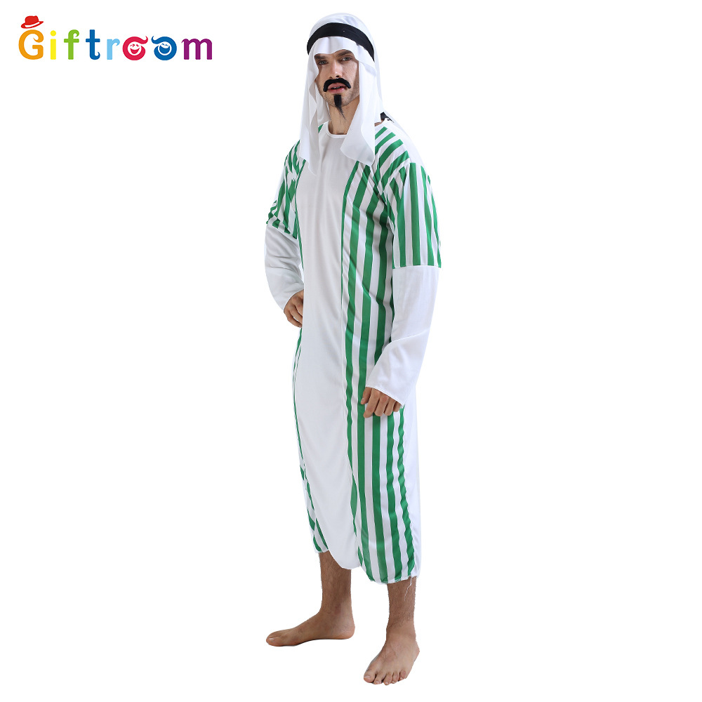 Halloween Carnival Masquerade Cosplay Arabian Prince Men's Green And White Striped Middle Eastern Dubai Costume_voghion.com