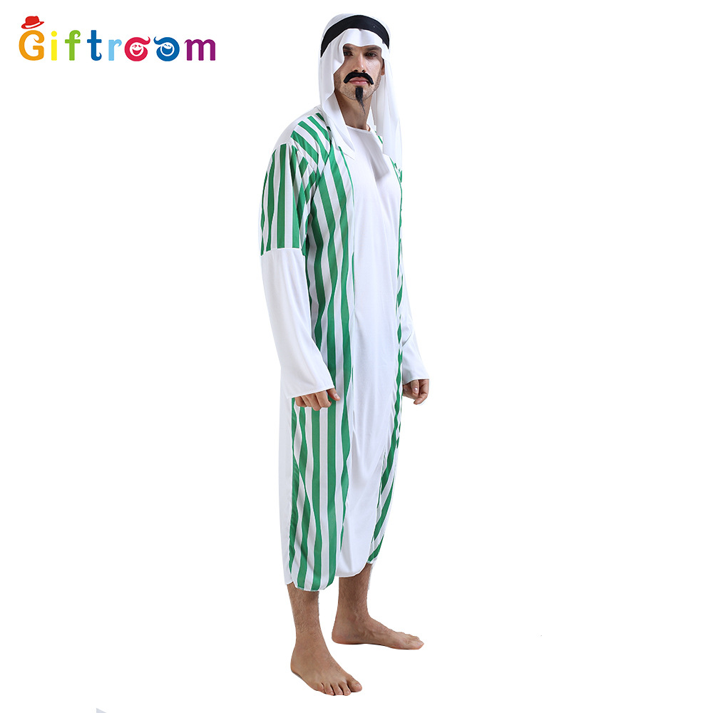 Halloween Carnival Masquerade Cosplay Arabian Prince Men's Green And White Striped Middle Eastern Dubai Costume_voghion.com