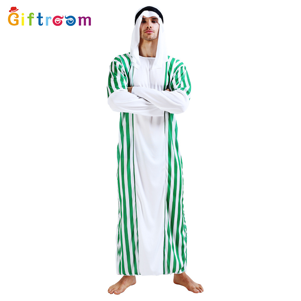 Halloween Carnival Masquerade Cosplay Arabian Prince Men's Green And White Striped Middle Eastern Dubai Costume_voghion.com