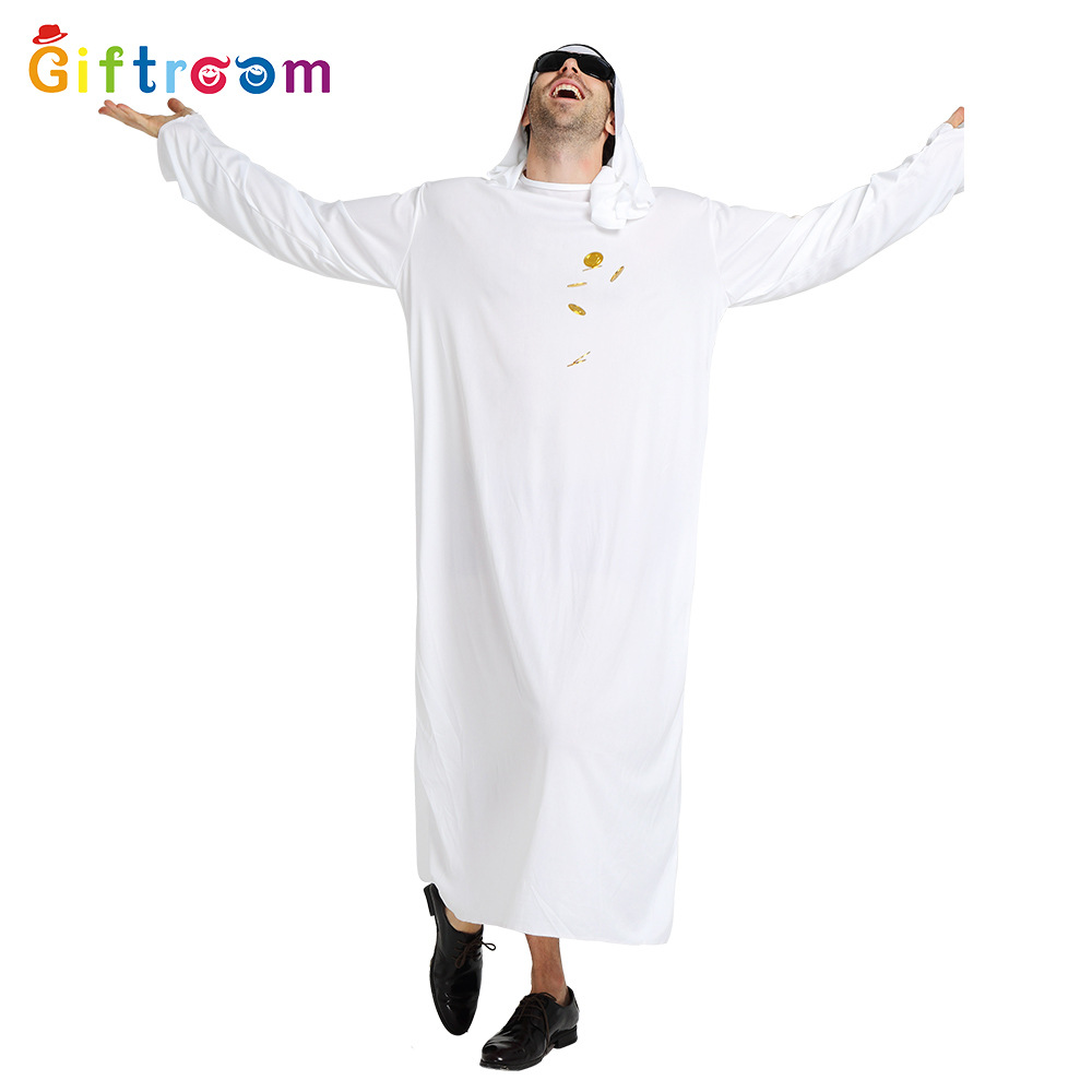 Halloween Carnival Cosplay Arabian Sheik Prince Masquerade Male Pure White Middle East Dubai Clothes_ecoleips.com