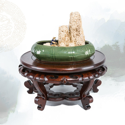 榆木底座圓形實木盆栽花瓶工藝品擺件奇石頭魚缸花盆景托架底托