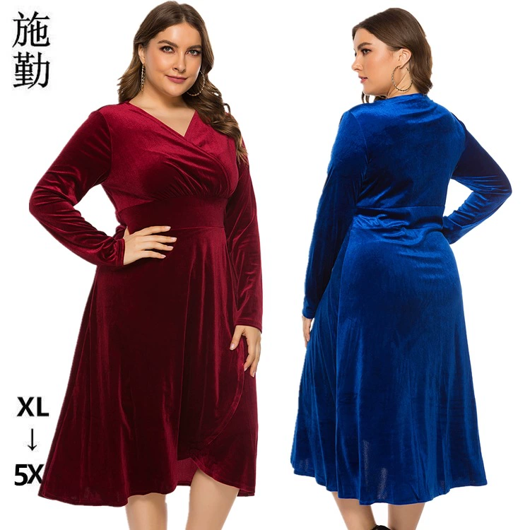 2024 Европа и США трансграничная внешняя торговля большой размер женщины осень и зима новый длинный рукав V-образный вырез золотое бархатное платье платье