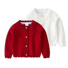 春秋嬰兒開衫全棉針織花邊圓領樹枝上衣韓版女寶寶短款毛衣外套