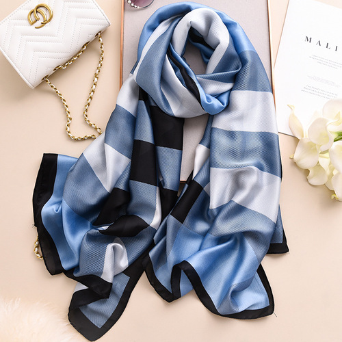  Korean Spring and Autumn New Sunscreen Silk Scarf for Women, Simulated Silk Shawl, Fashionable British Warm Long Thick Scarf