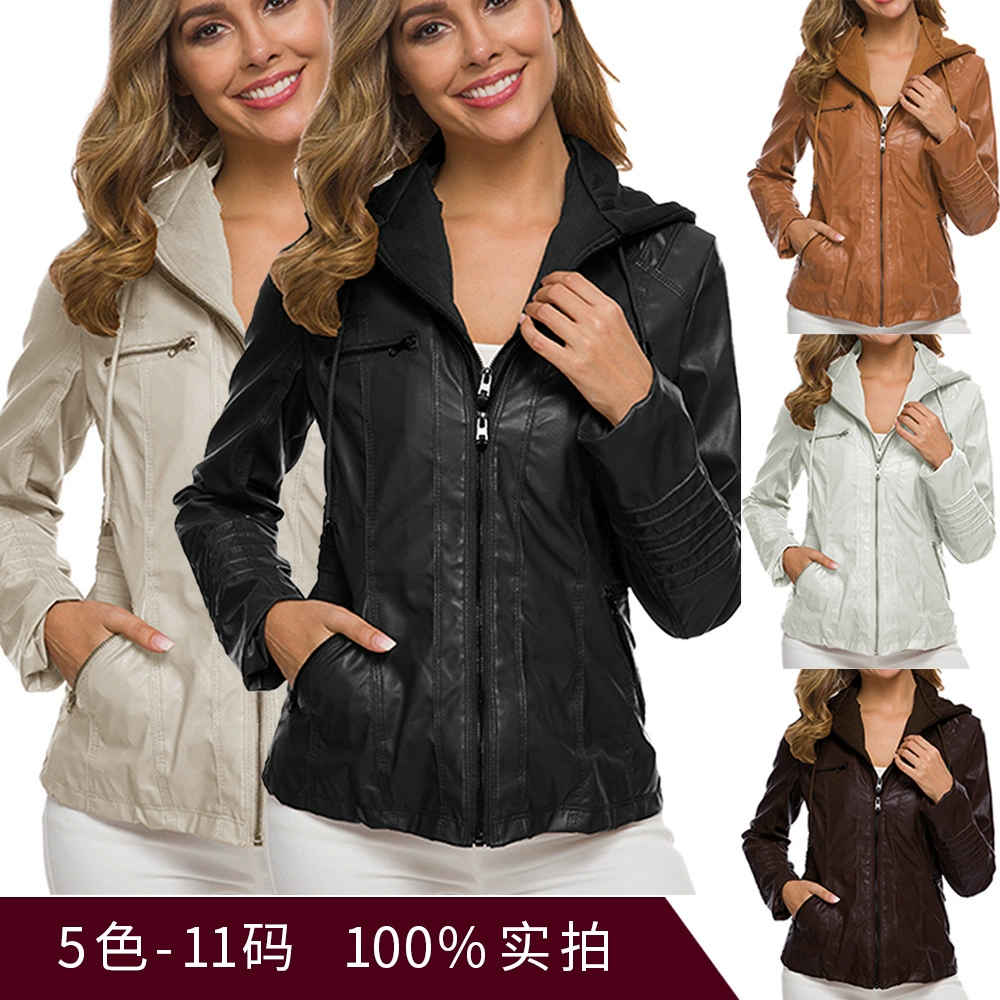 Long-Sleeve Jacket (Amazon) European Style, PU Faux Leather, Hooded Casual Coat