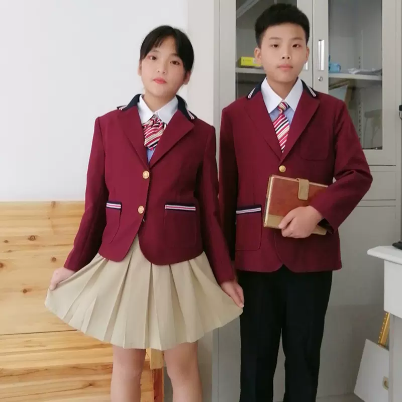 英伦学院风枣红色西服学生校服 男女童小西装校服