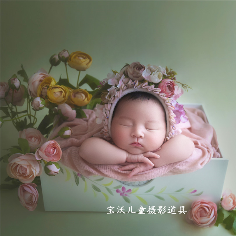 宝沃儿童摄影道具木质带花盒子新生儿男女宝影楼照相摄影道具盒子