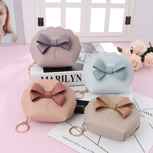 New college style bow PU leather mini wallet multifunctional portable coin storage bag zipper coin purse