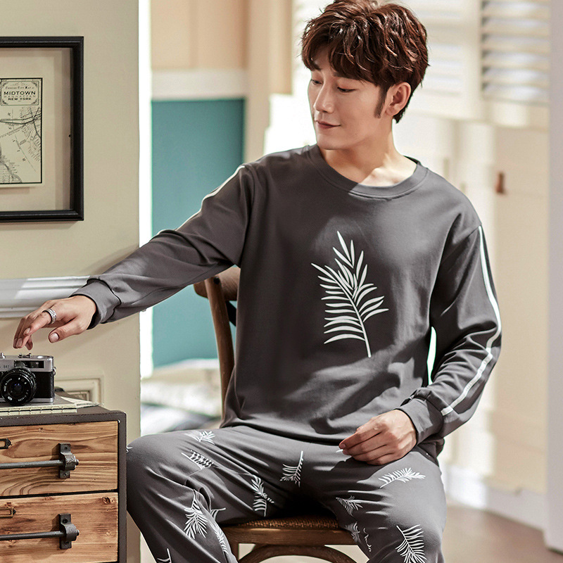 Special Offer Pure Cotton Pajamas for Men in Spring and Autum Round Neck Pullover Long-Sleeved Pants That Can Be Worn Outside Men's Printed Home Clothes Set