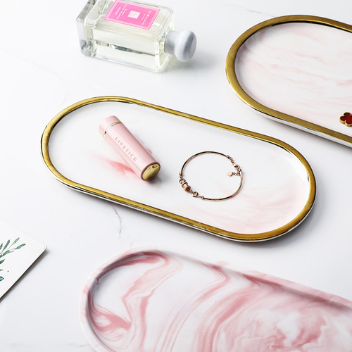 Nordic marble tray with gold edge elliptical plate decorative jewelry storage tray ceramic steak Western dinner plate