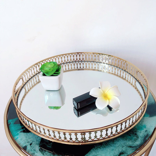 European light luxury glass mirror tray metal storage living room coffee table water cup tea tray model room decoration fruit plate