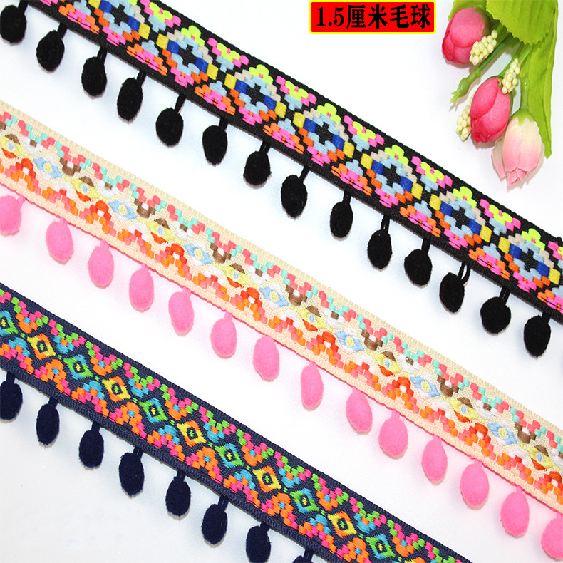 Manufacturer wholesale ethnic style colorful fur ball lace ball lace…