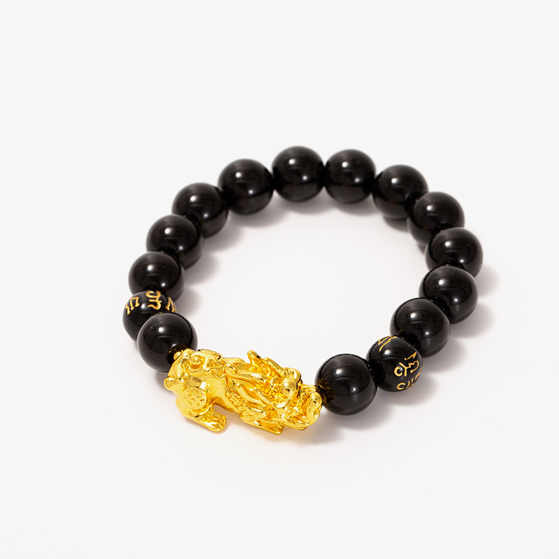 Imitación obsidiana pulsera chapada en oro mantra de seis palabras que preservan el color pulsera de cuentas de oro joyería de la suerte para los hombres