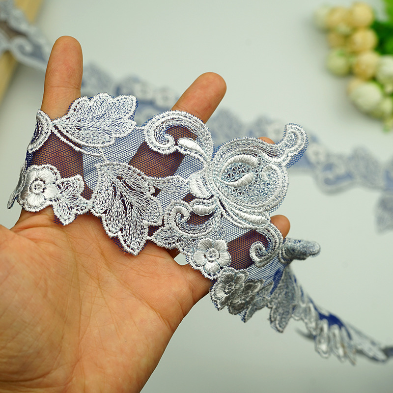 8CM蓝色刺绣家居服花边 手感柔软花型立体 内衣多色刺绣花边