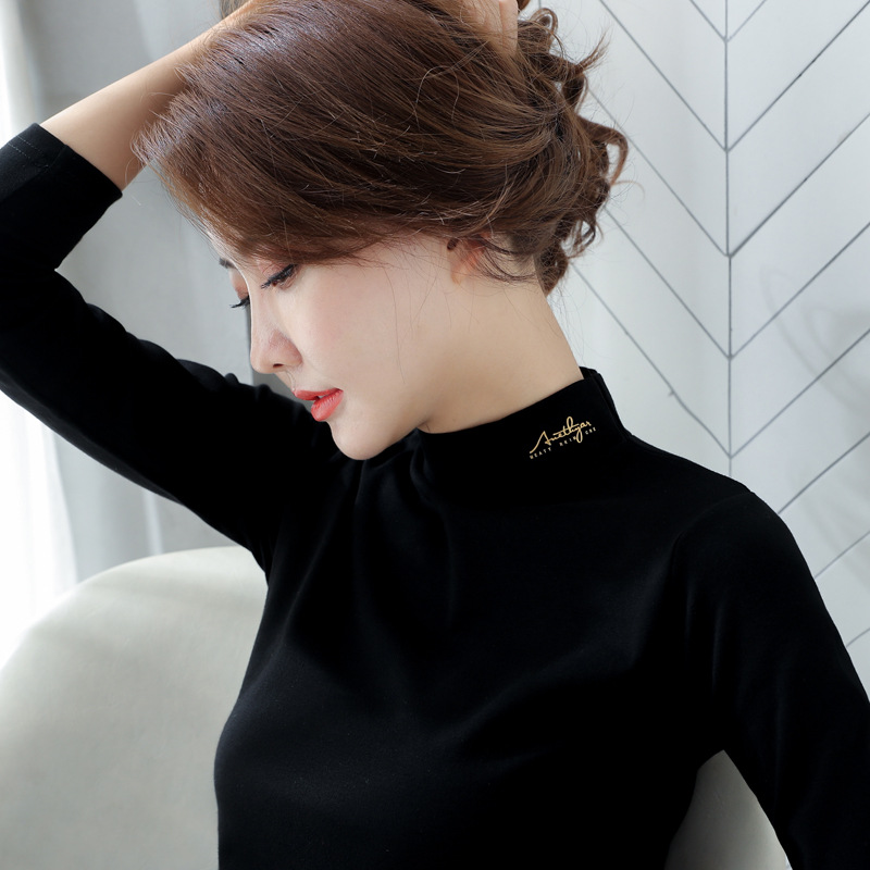 248 가을 겨울 두꺼운 한국 스타일 하프 터틀넥 긴팔 티셔츠 여성용 슬림핏 베이스 레이어 탄성 프린트 티셔츠 이너웨어