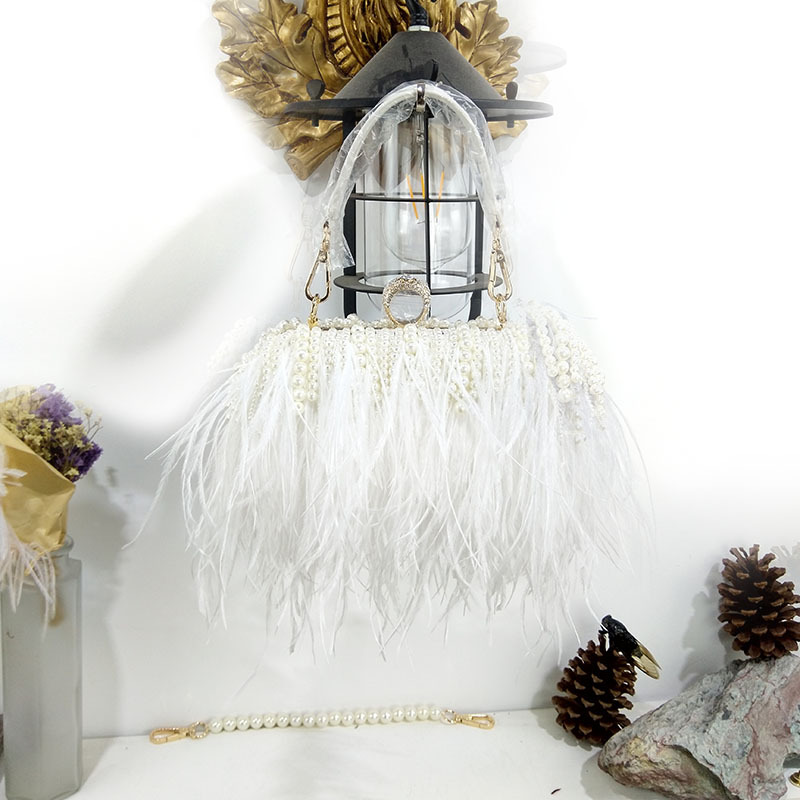 2019 nicho marca de moda bolso de plumas de avestruz moda ropa de noche banquete pasarela embrague hombro crossbody cadena perla
