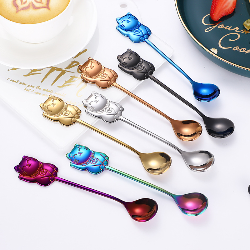 Creative Lucky Cat Stainless Steel Spoon For Coffee And Dessert_voghion.com