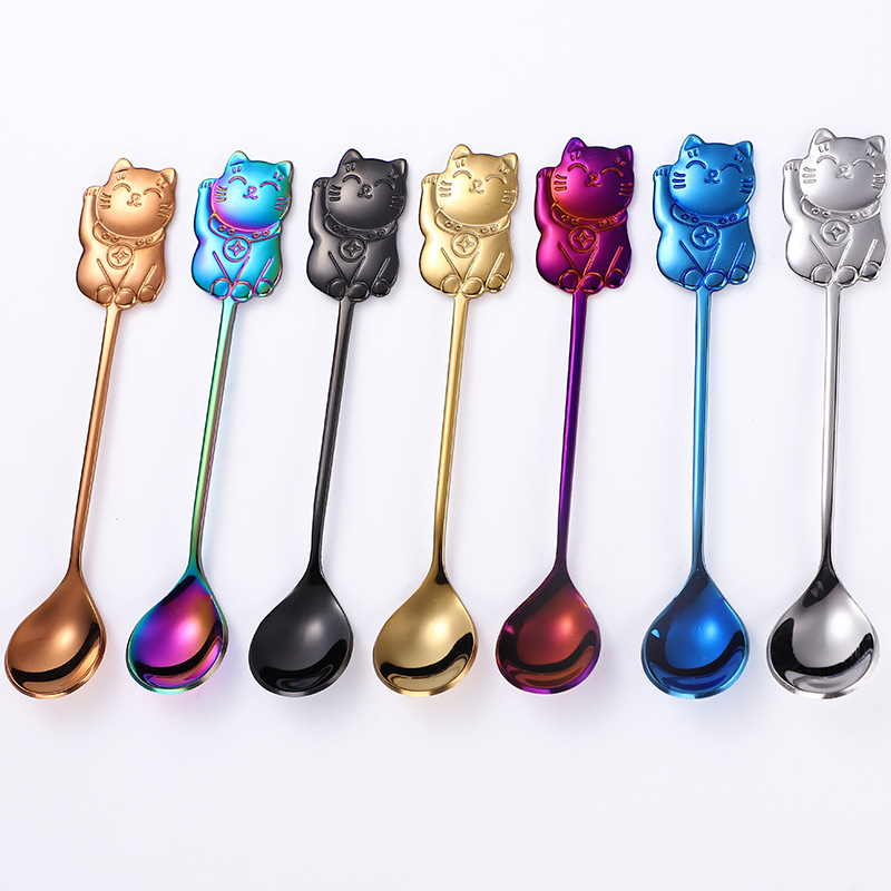 Creative Lucky Cat Stainless Steel Spoon For Coffee And Dessert_voghion.com