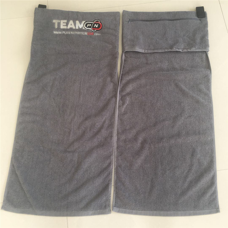Manufacturer's All-Cotton Pocket Zipper Sports Towel, Gym All-Cotton Magnetic Hook Gray Towel