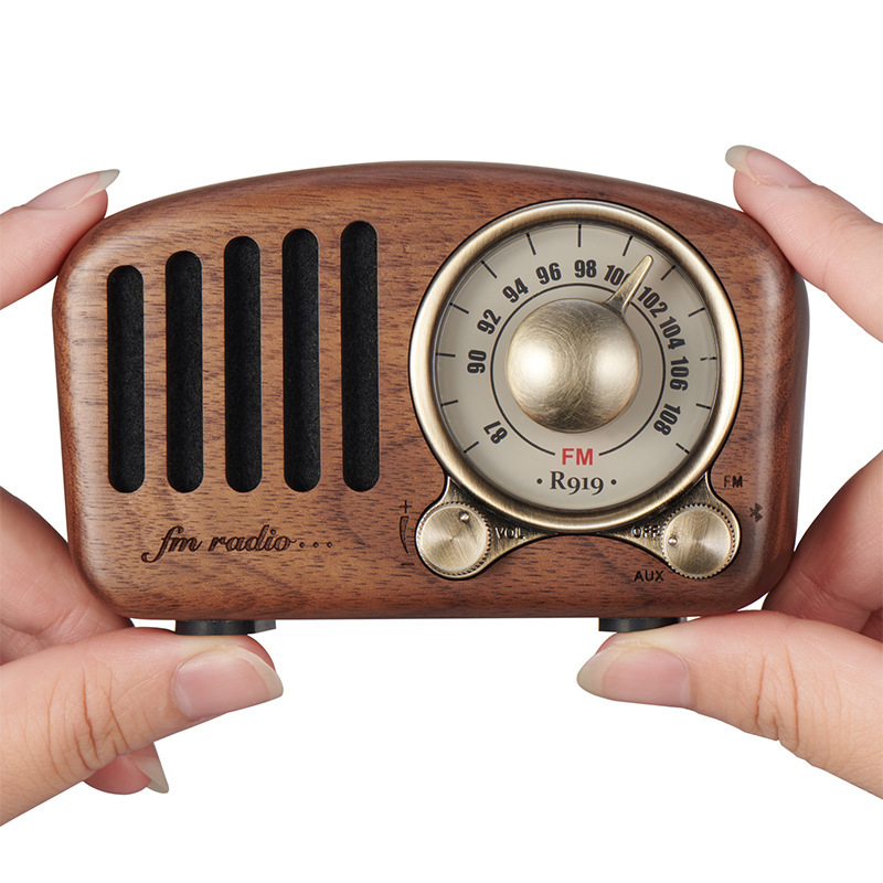 r919 Wooden Bluetooth Speaker Walnut Retro Audio Real Wooden Mini Card Radio Gift logo