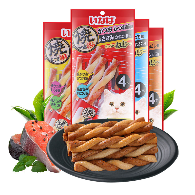 Japanese Inaba Cat Snacks, Teething Chicken and Seafood Mix, Twist Cat Sticks, Cat Treats, 4-Pack