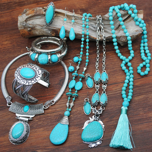 Cross-border ethnic style turquoise sweater chain beaded necklace women's jewelry earrings ring jewelry set Yiwu accessories