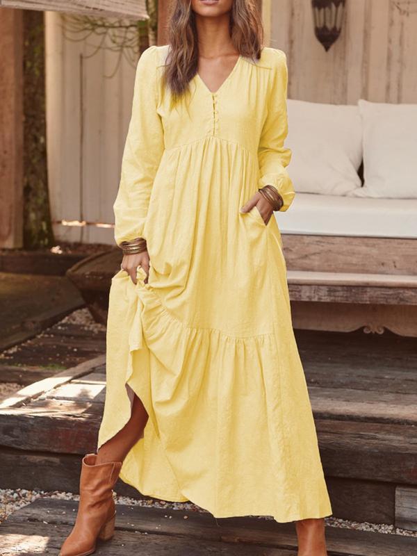 2025 秋冬ヨーロッパとアメリカの貿易婦人服ボタン綿とリネンのレトロカジュアル長袖ドレス大きな裾ロングスカートマルチカラー|undefined