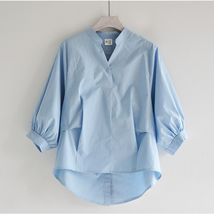 2024 New Korean Style Loose Lantern Sleeve Shirt Women's Back Split Irregular Solid Color V-neck Shirt Women's Shirt 2024 New Korean Style Loose Lantern Sleeve Shirt Women's Back Split Irregular Solid Color V-neck Shirt Women's Shirt