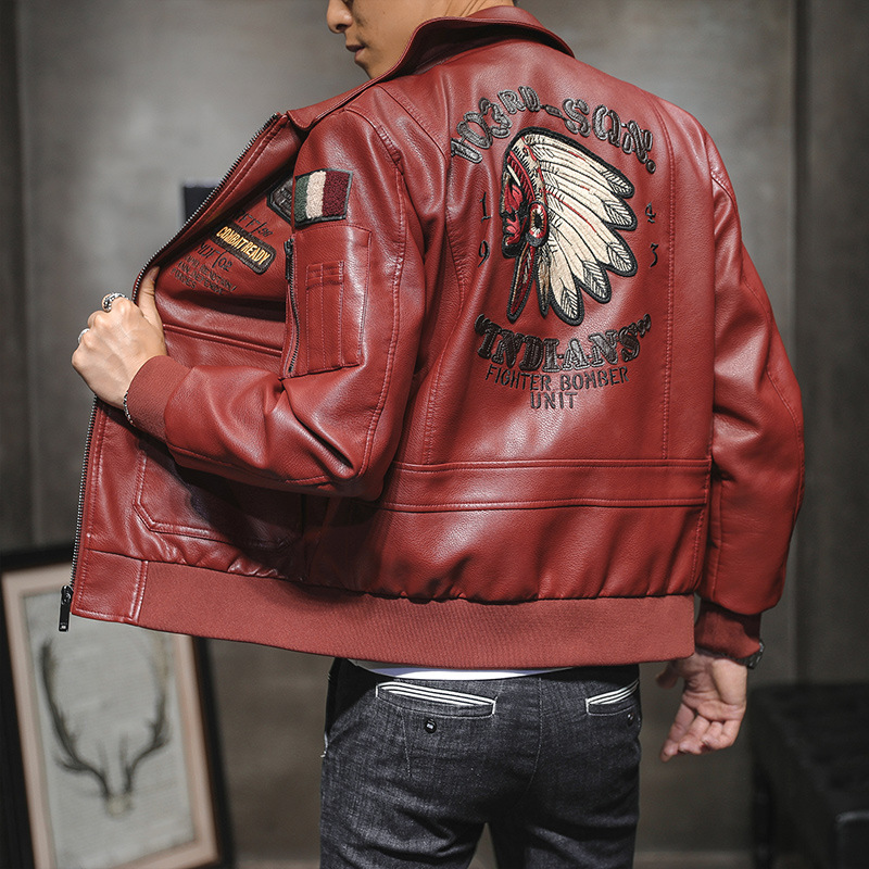 2021 Men's pu leather men's lapel embroidery motorcycle clothing spring and autumn men's casual fashion leather jacket wholesale 2021 Men's pu leather men's lapel embroidery motorcycle clothing spring and autumn men's casual fashion leather jacket wholesale