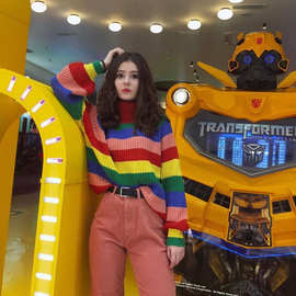 春季亚马逊针织跨境款毛衣高领套头撞色长袖宽松毛衫上衣欧美女装