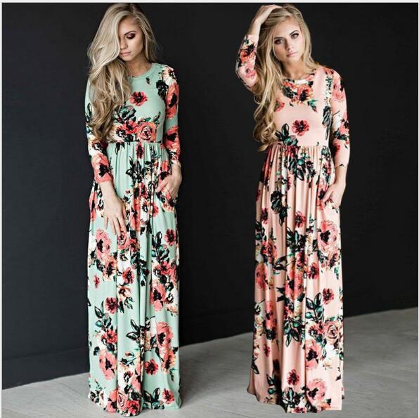 Summer Floral Pattern Dress round Neck Long Sleeve Women's Fashion 2022 Wish Hot Selling Export European American Style Large Stock Available_ecoleips.com