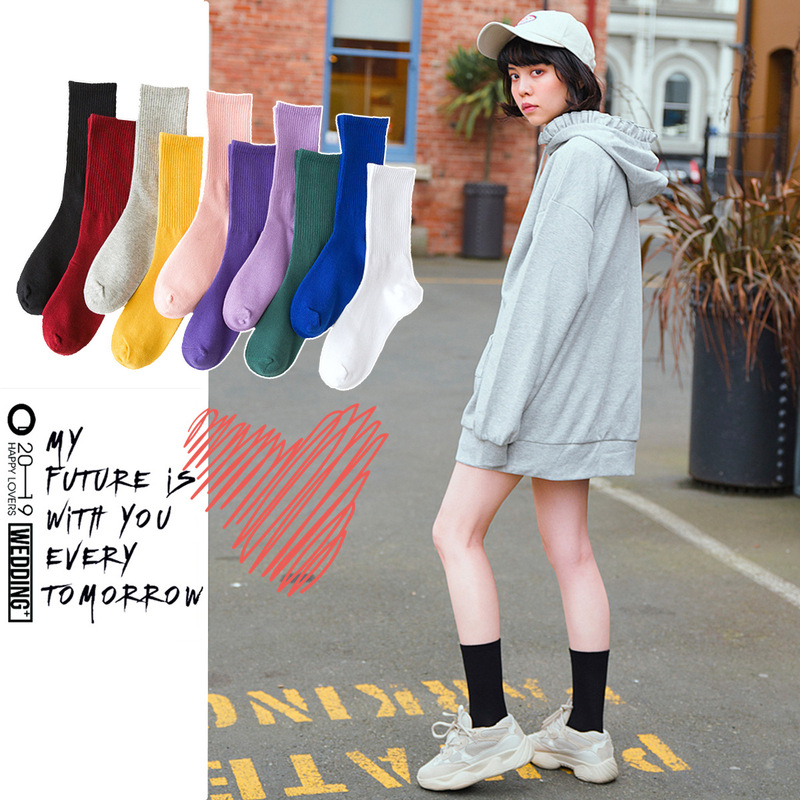 ins Trendy Internet Celebrity Mid-length Socks Spring and Autumn Thin Socks Women's Japanese Style White Cotton Socks High Waist Rubber Black Sports Socks