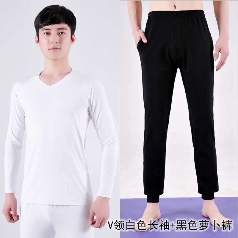 Men's White V-Neck Long-Sleeve Carrot Pants