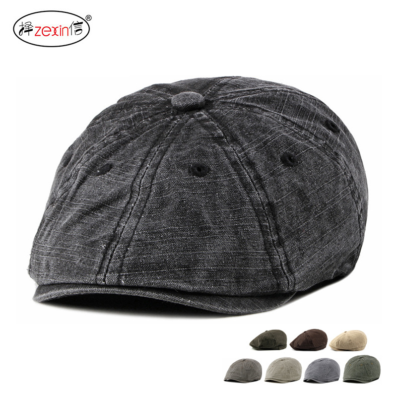 春秋纯色贝雷帽子男水洗棉文艺复古八角帽男英伦画家帽休闲报童帽
