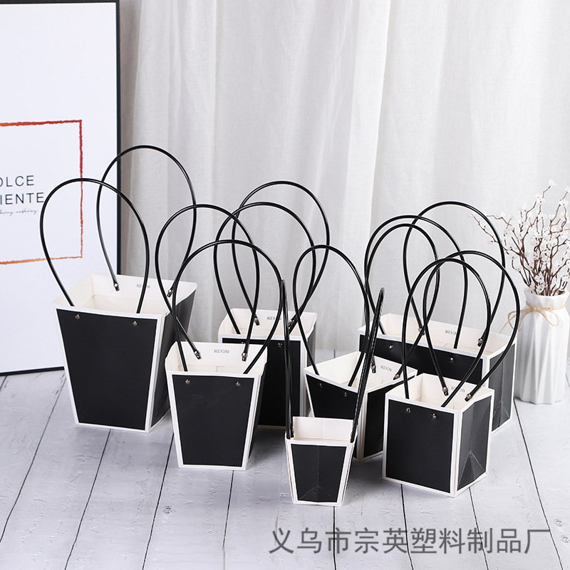 情人节鲜花包装材料手提袋黑色正方长方梯形袋边框礼品袋批发花盒
