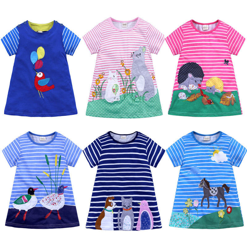 2026 Children's Clothing Short-Sleeved Girls' Dress Knitted Cotton Children's Dress Summer Cartoon Striped Long Dress
