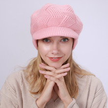 M9008斜纹鸭舌帽秋冬新款加绒仿兔毛线针织保暖时尚防寒女贝雷帽