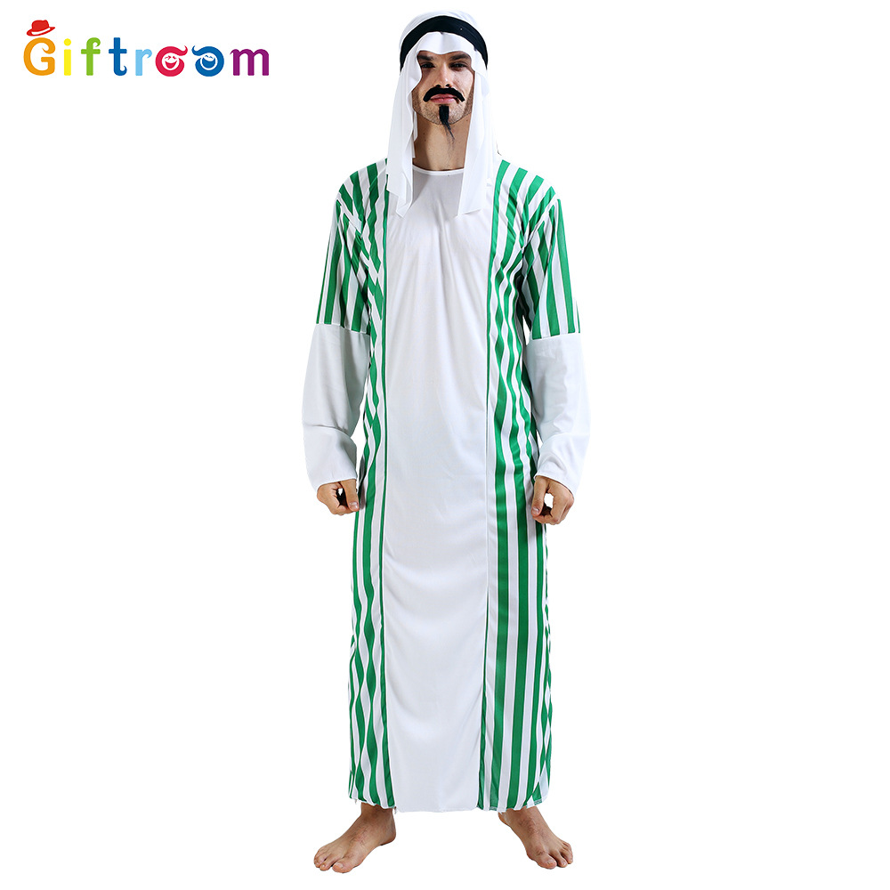 Halloween Carnival Masquerade Cosplay Arabian Prince Men's Green And White Striped Middle Eastern Dubai Costume_voghion.com