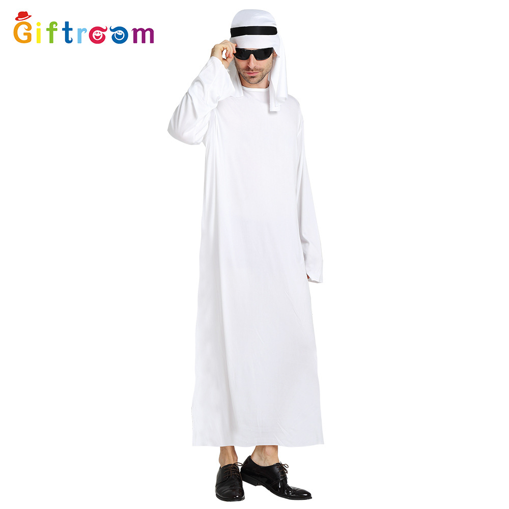 Halloween Carnival Cosplay Arabian Sheik Prince Masquerade Male Pure White Middle East Dubai Clothes_ecoleips.com